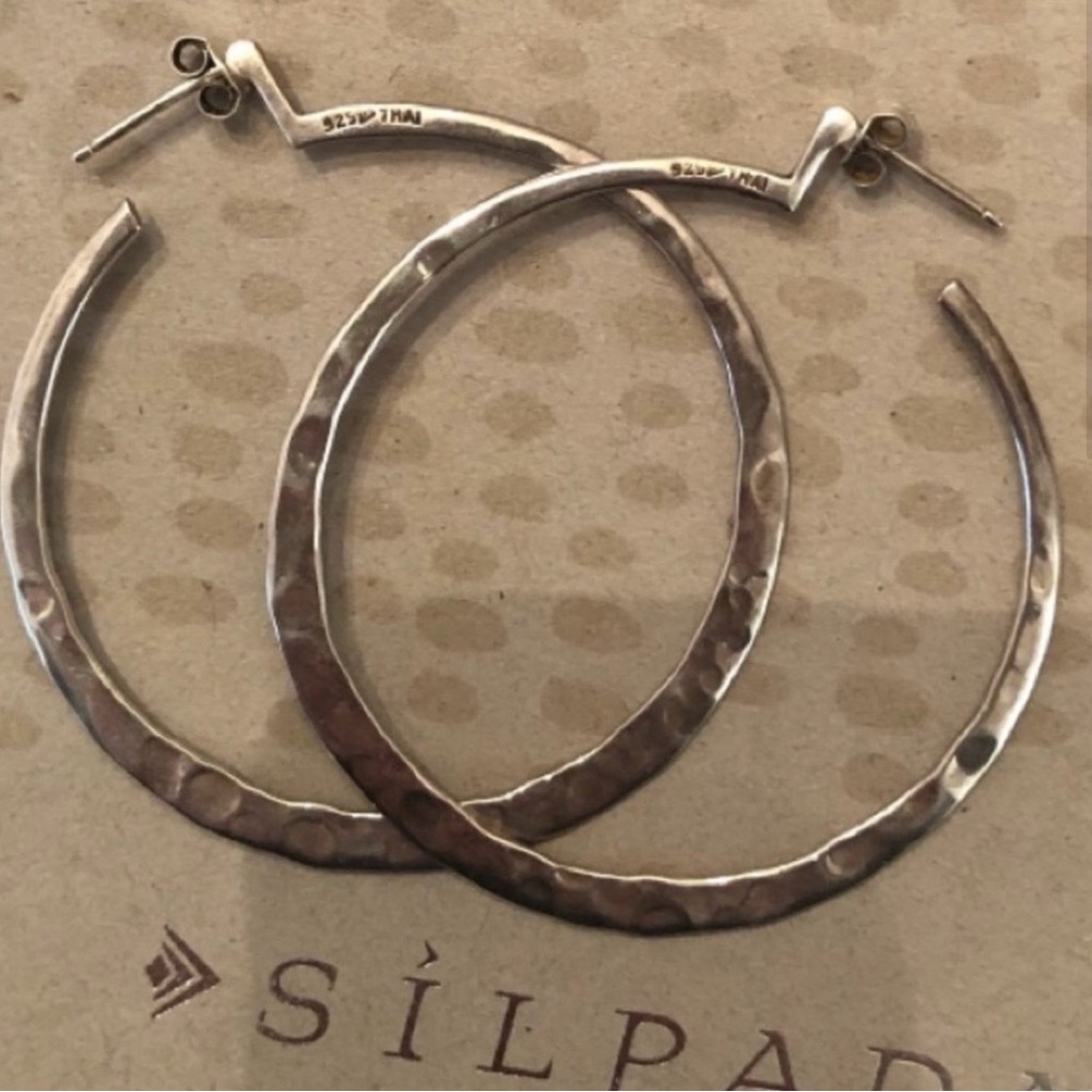 Rare Silpada Large Hammered Sterling Silver Hoop Post Earrings